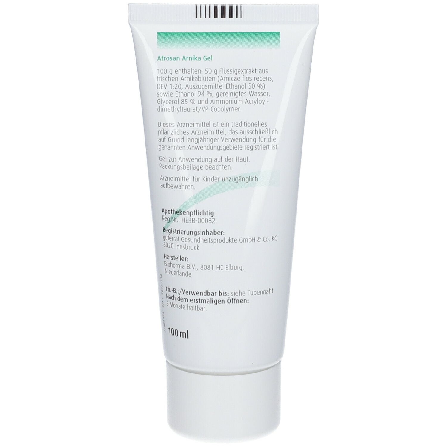 Weiße Tube mit grünem Aufdruck. Rückseite mit Text, Inhaltsstoffen und Herstellerangaben. 100 ml.