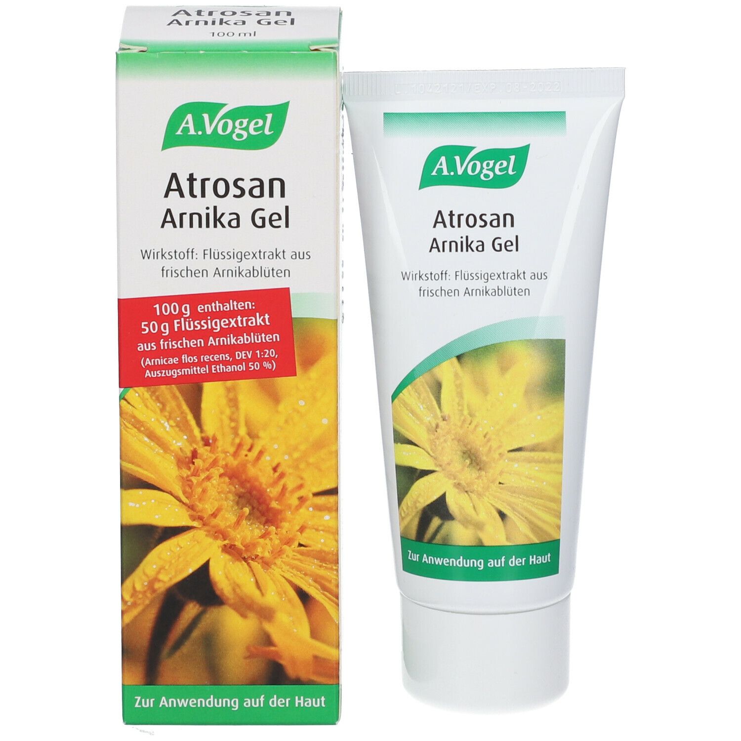 Produktverpackung und Tube. Beide mit grünem Logo und Produktnamen. Abbildung einer gelben Blüte.