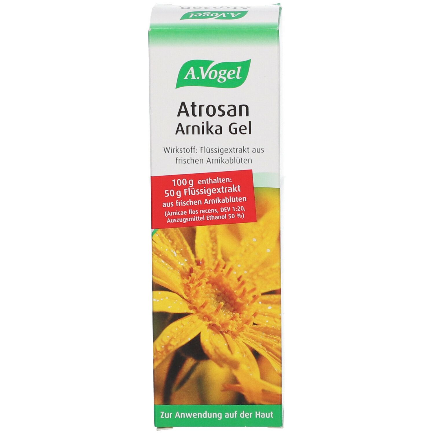 Produktverpackung mit grünem Logo und Produktnamen. Abbildung einer gelben Blüte. 100g.