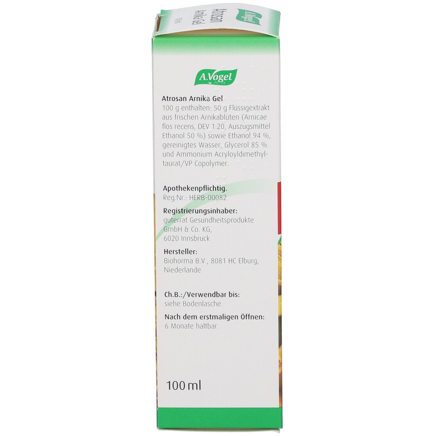 Schachtel mit grünem Logo und Produktnamen. Enthält Inhaltsstoffe, Herstellerangaben und Haltbarkeitsdatum. 100 ml.