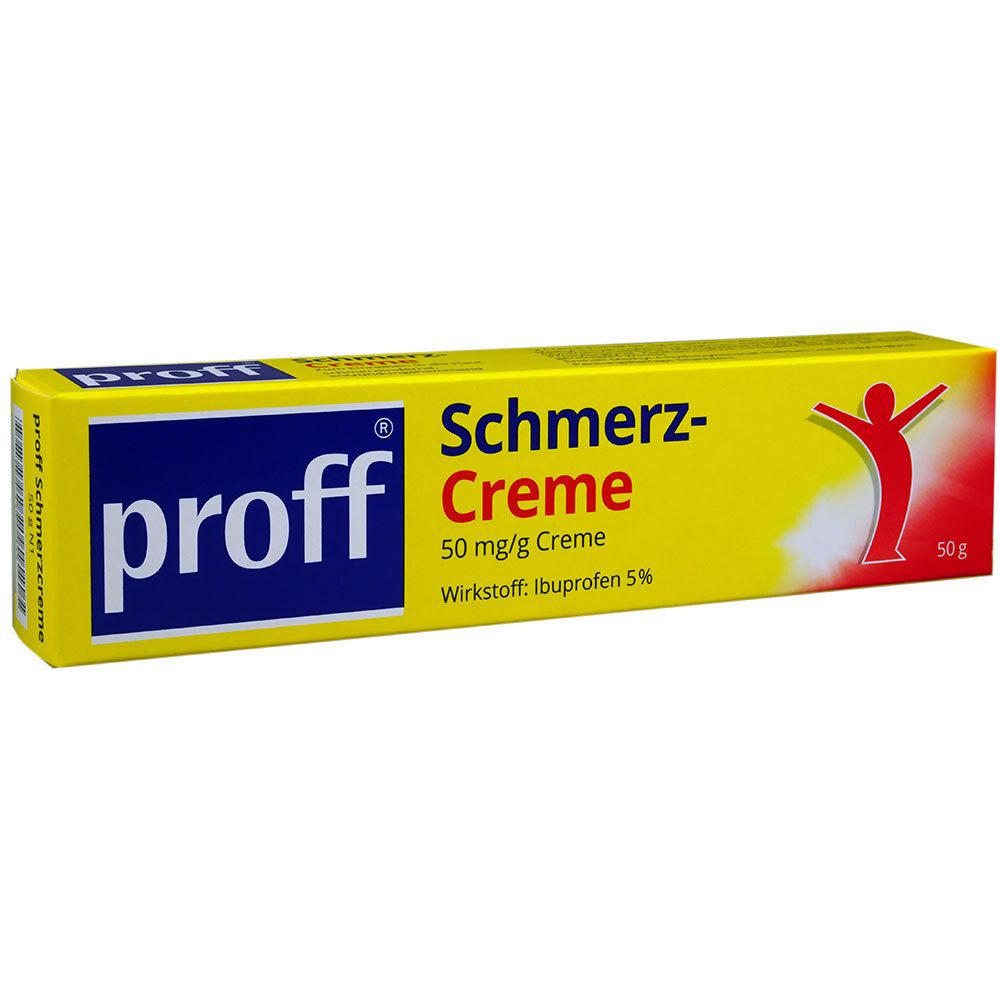 Gelbe Schachtel mit "proff Schmerzcreme". Enthält 50 mg/g Creme, Wirkstoff Ibuprofen. Roter Mensch-Piktogramm.