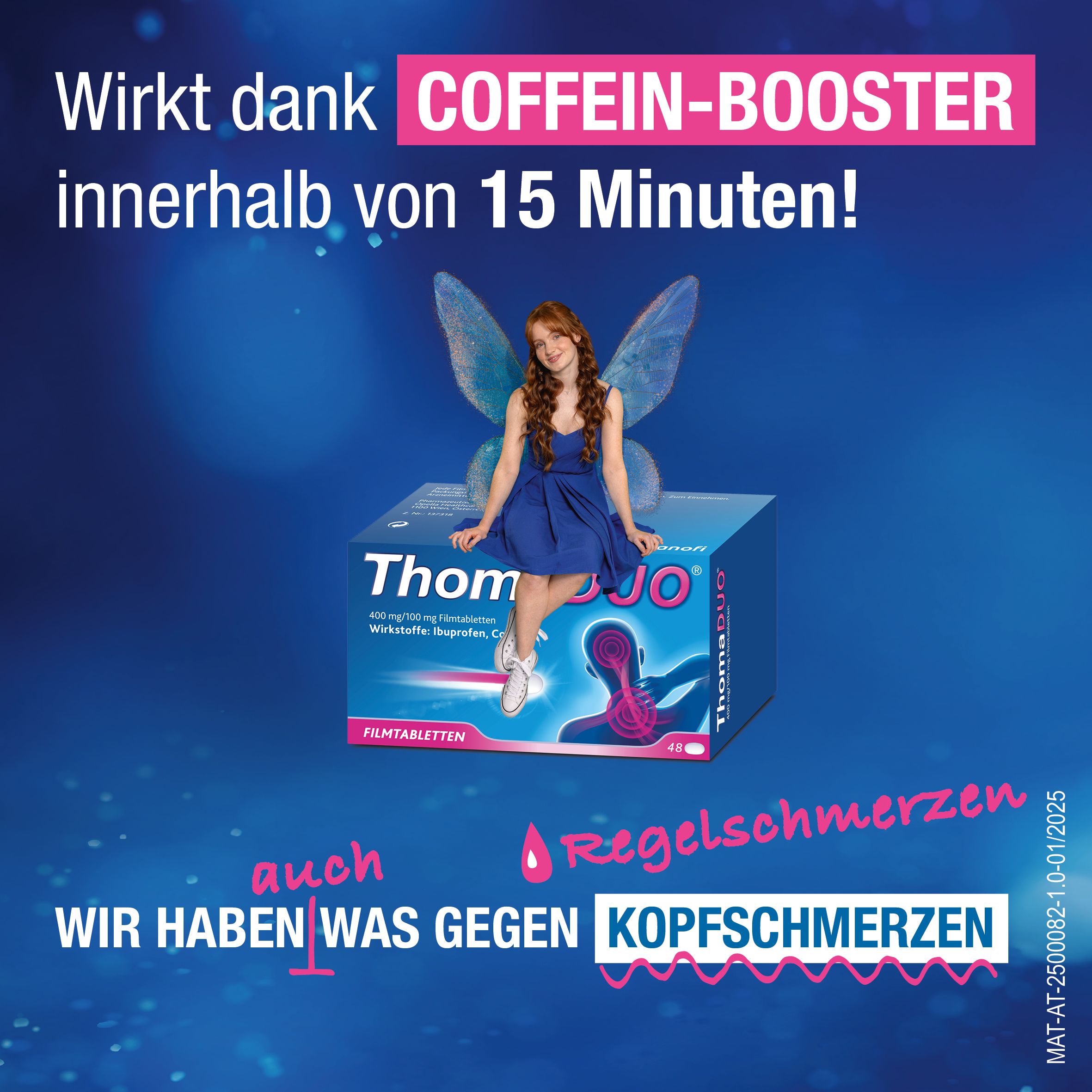 Frau mit Flügeln sitzt auf ThomaDUO®-Packung. Text: Wirkt dank Coffein-Booster innerhalb von 15 Minuten!