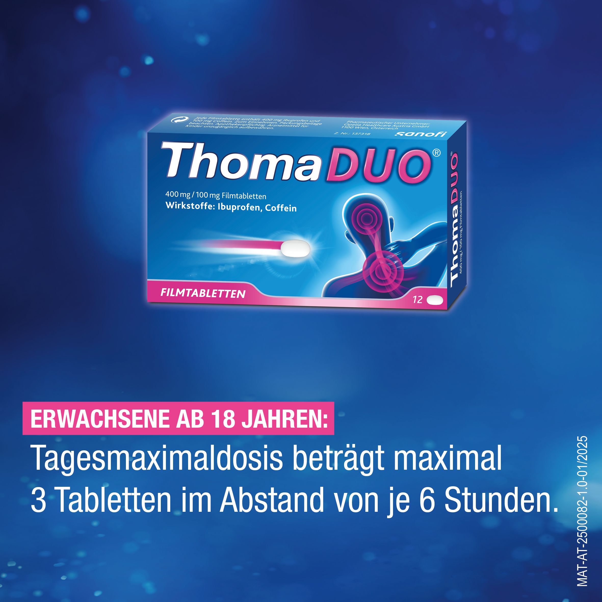 ThomaDUO®-Packung. Enthält 12 Filmtabletten. Text: Erwachsene ab 18 Jahren: Tagesmaximaldosis beträgt maximal 3 Tabletten.