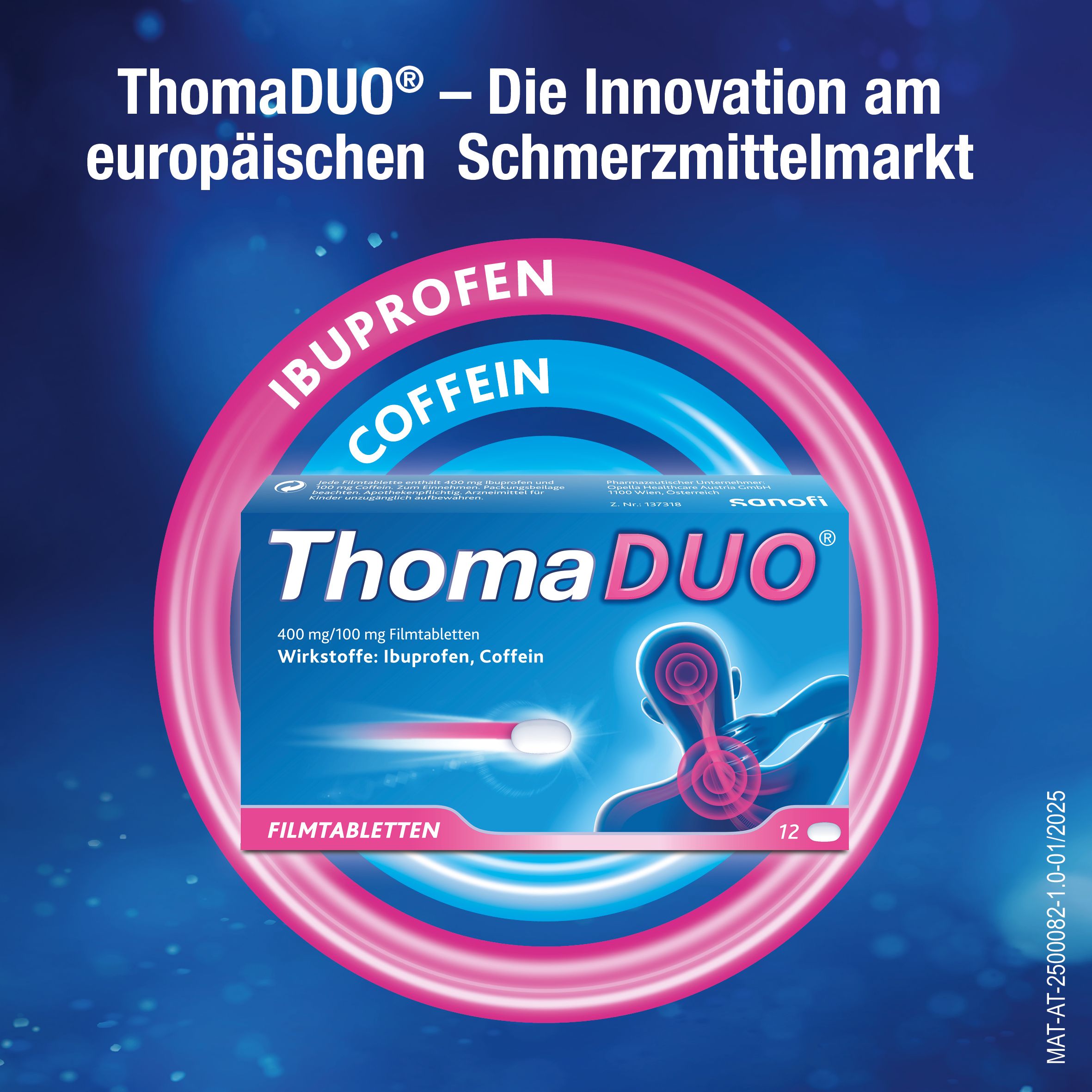 ThomaDUO®-Packung, umgeben von einem Kreis. Text: Ibuprofen, Coffein. Filmtabletten. 12 Stück.