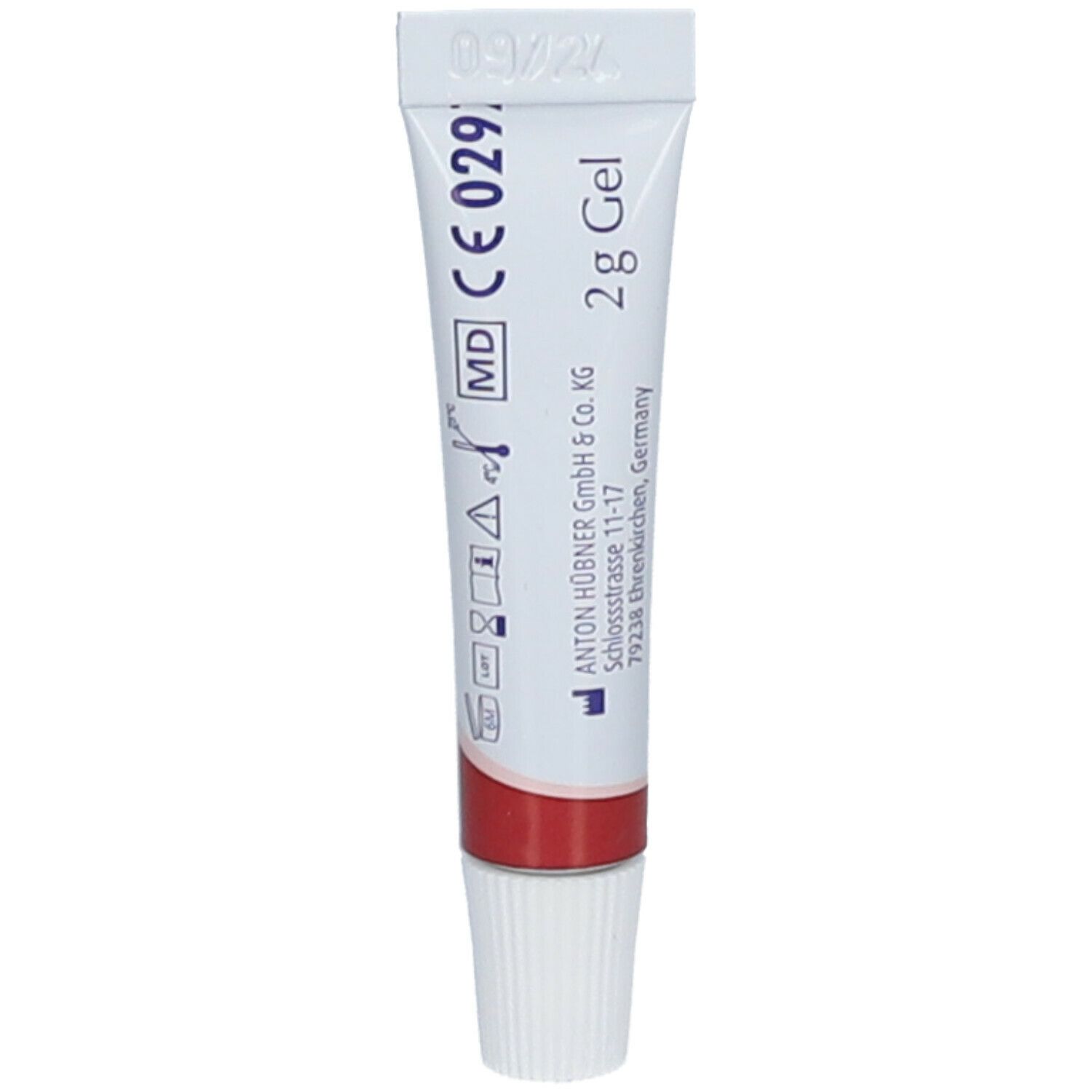 Rückseite der Tube. Aufschrift: 2 g Gel, CE-Kennzeichnung, Herstelleradresse.