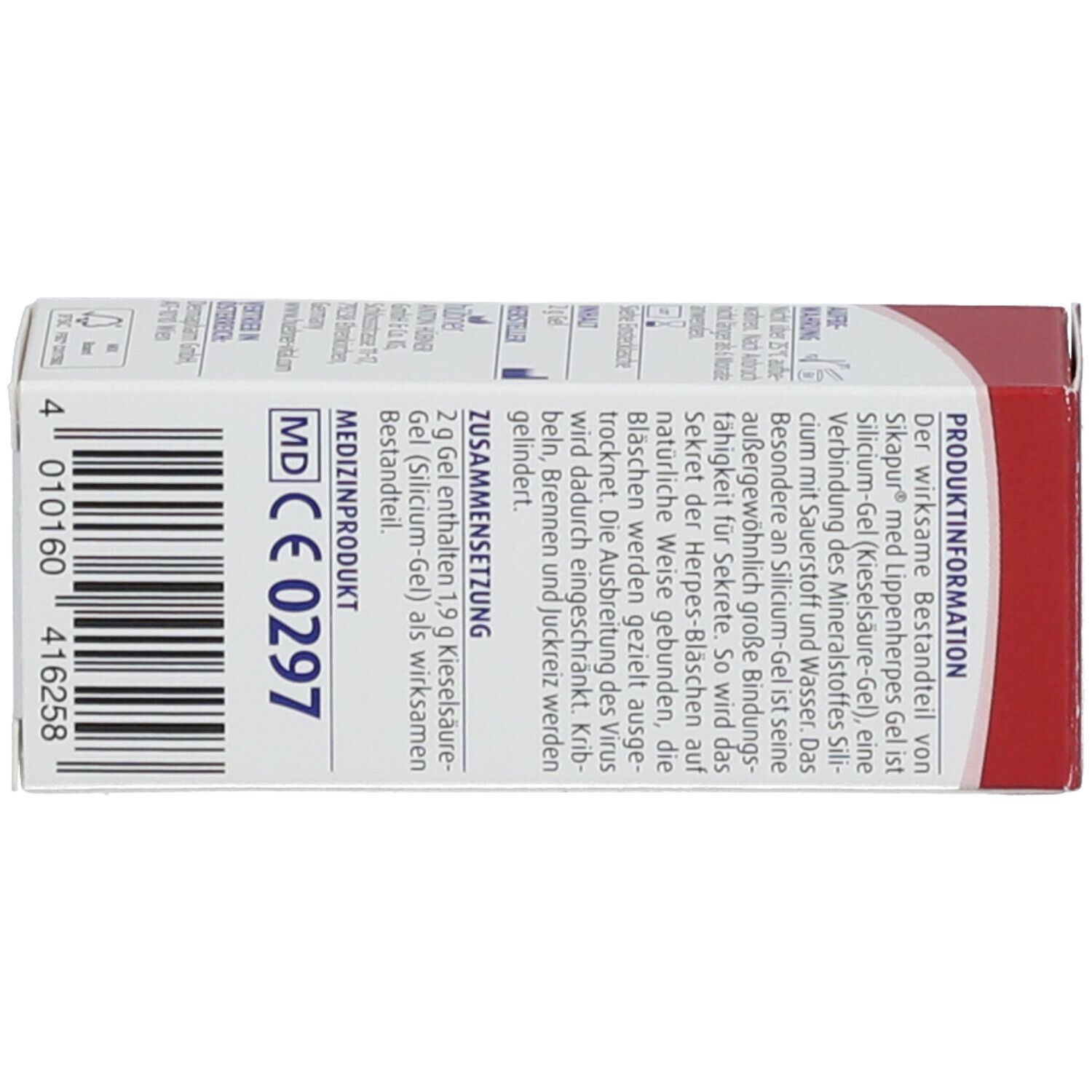 Rückseite der Produktpackung. Textinformationen, Inhaltsstoffe, Herstellerangaben, MD-Kennzeichnung.