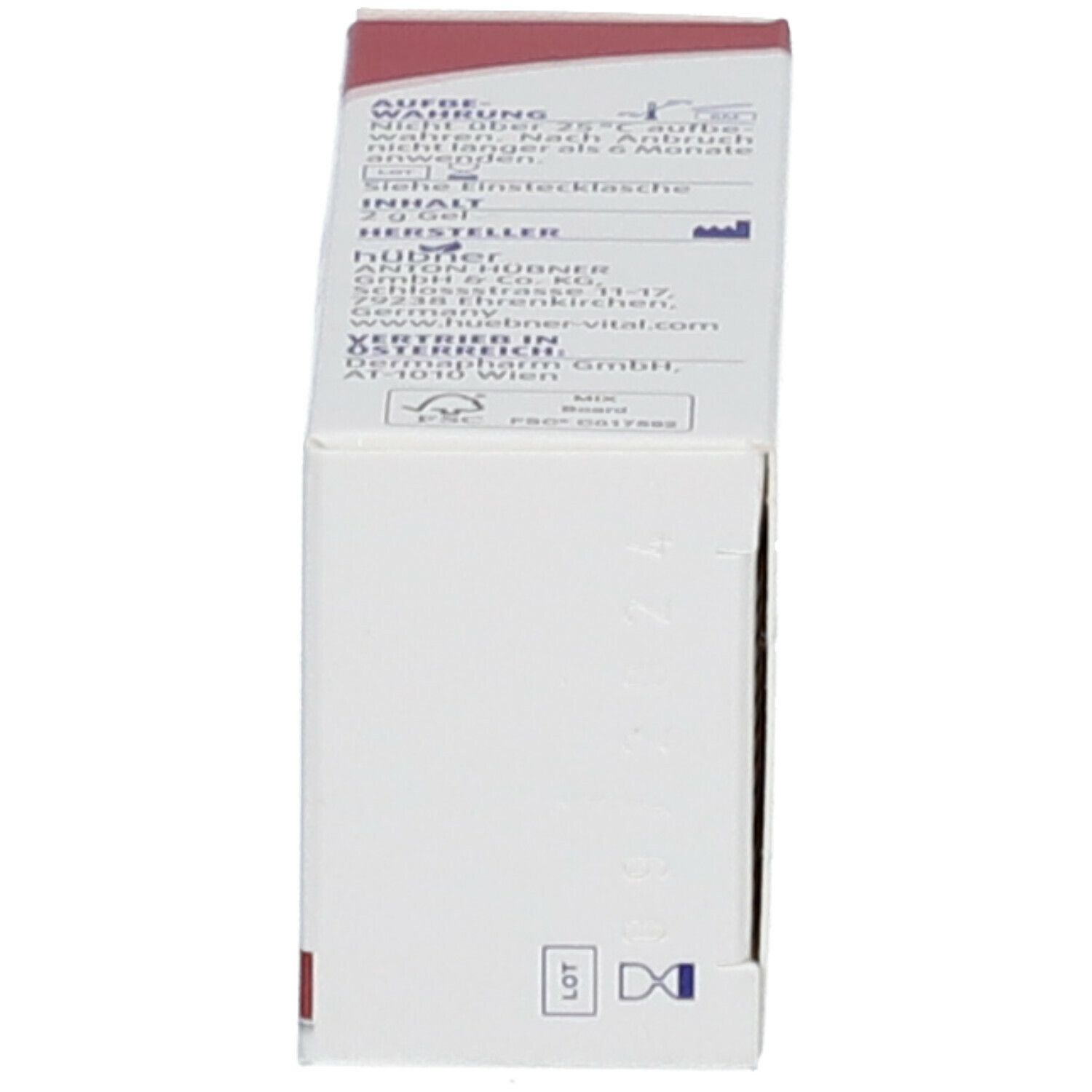 Oberseite der Produktpackung. Herstelleradresse, Chargennummer, Verfallsdatum, MD-Kennzeichnung.
