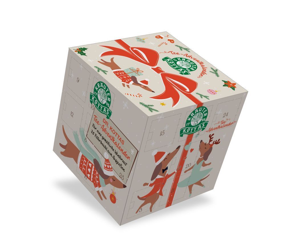 Adventskalender mit Illustrationen von Dackeln. Aufschrift: DR. KOTTAS Tee-Adventskalender.