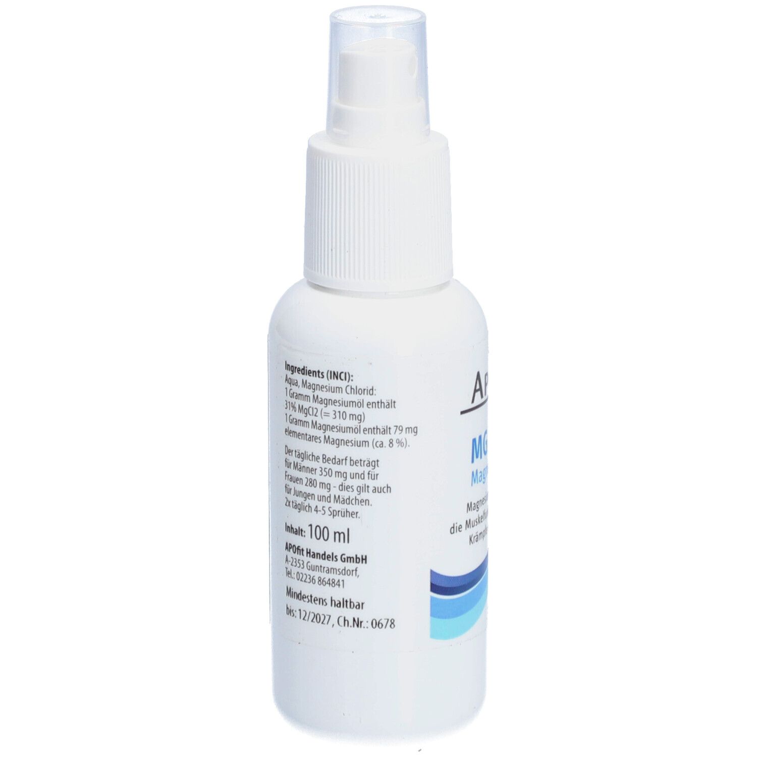 Flacon pulvérisateur blanc avec informations sur les ingrédients et le fabricant. Indication "100 ml". Tête de pulvérisation.