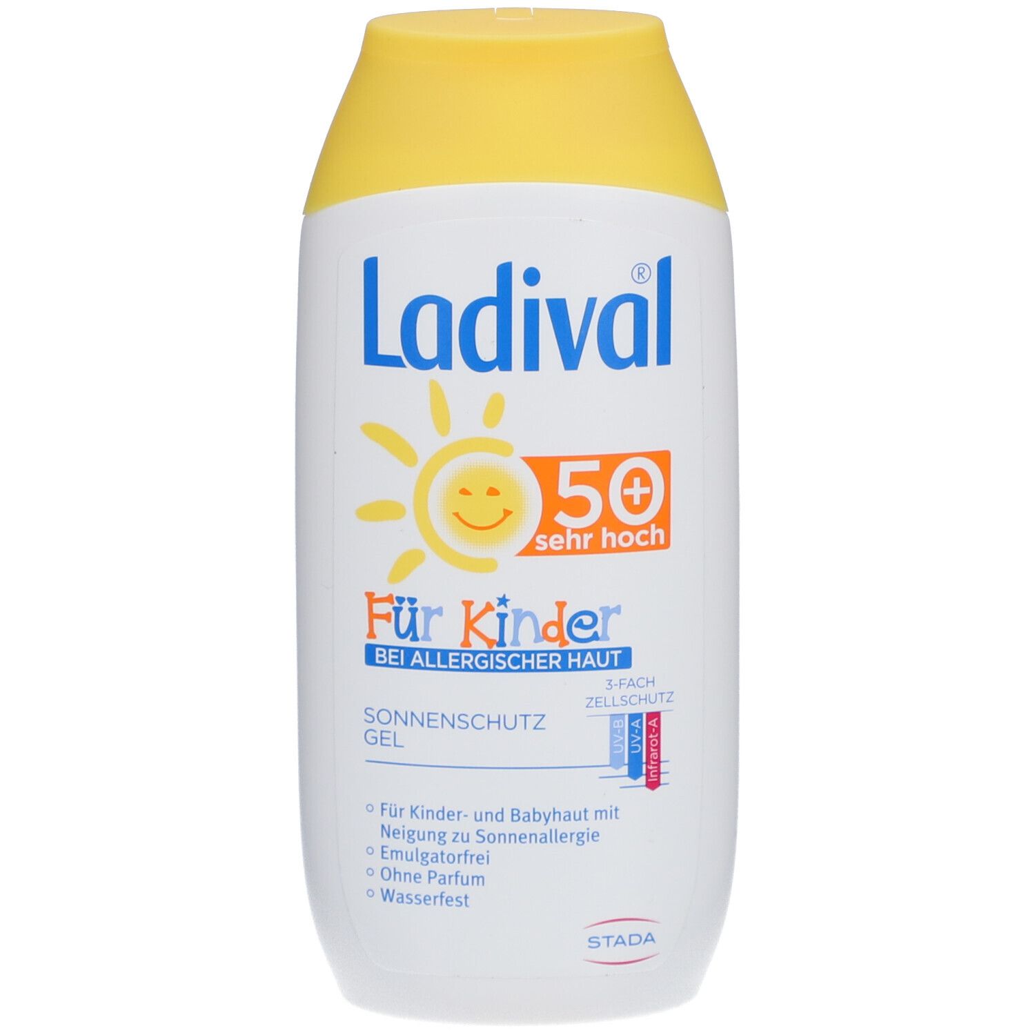 Ladival Sonnenschutz Gel für Kinder. Flasche mit gelbem Deckel, Aufschrift und Sonnensymbol. LSF 50+.
