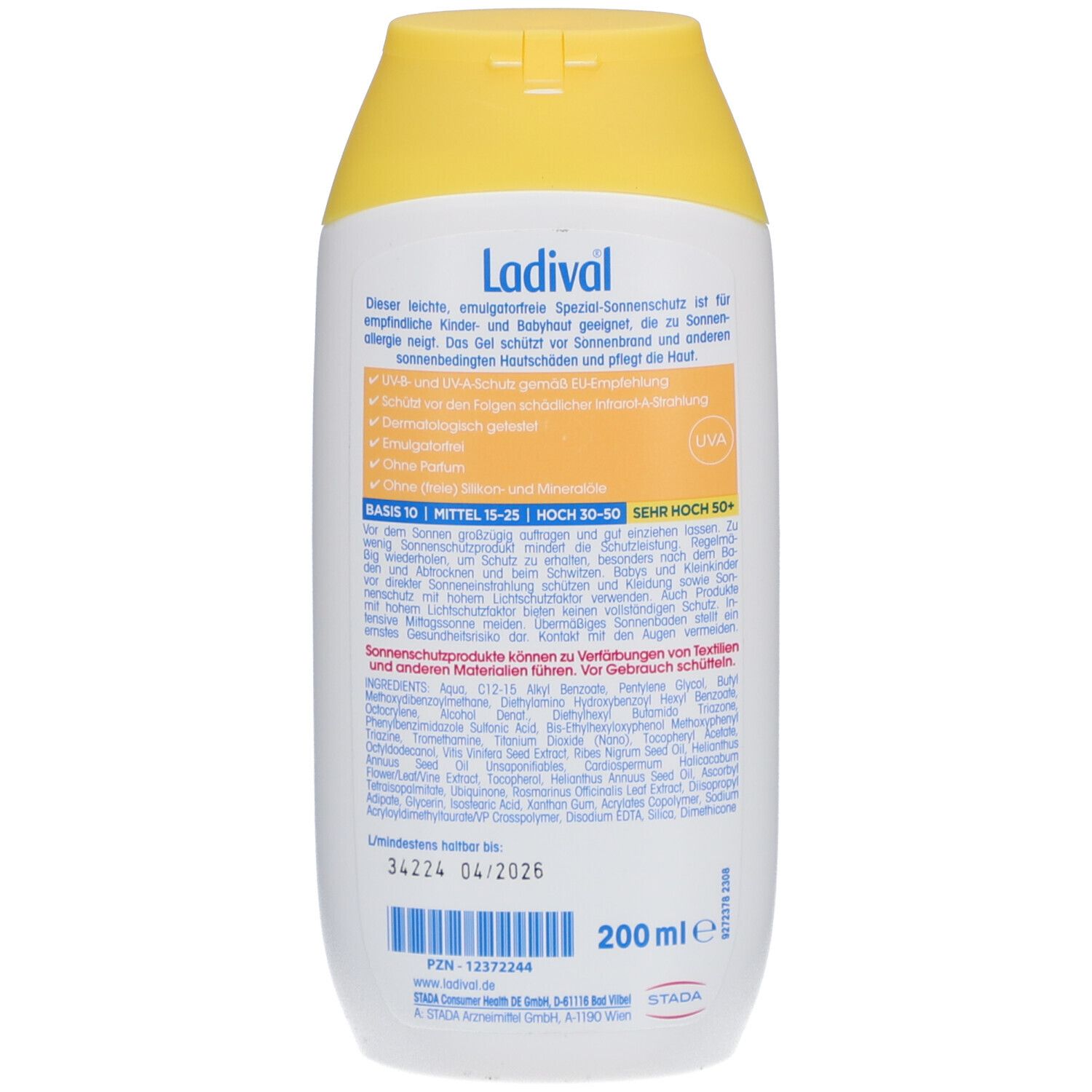 Rückseite der Ladival Sonnenschutz Gel Flasche. Textinformationen, Inhaltsstoffe und Chargennummer. 200 ml.
