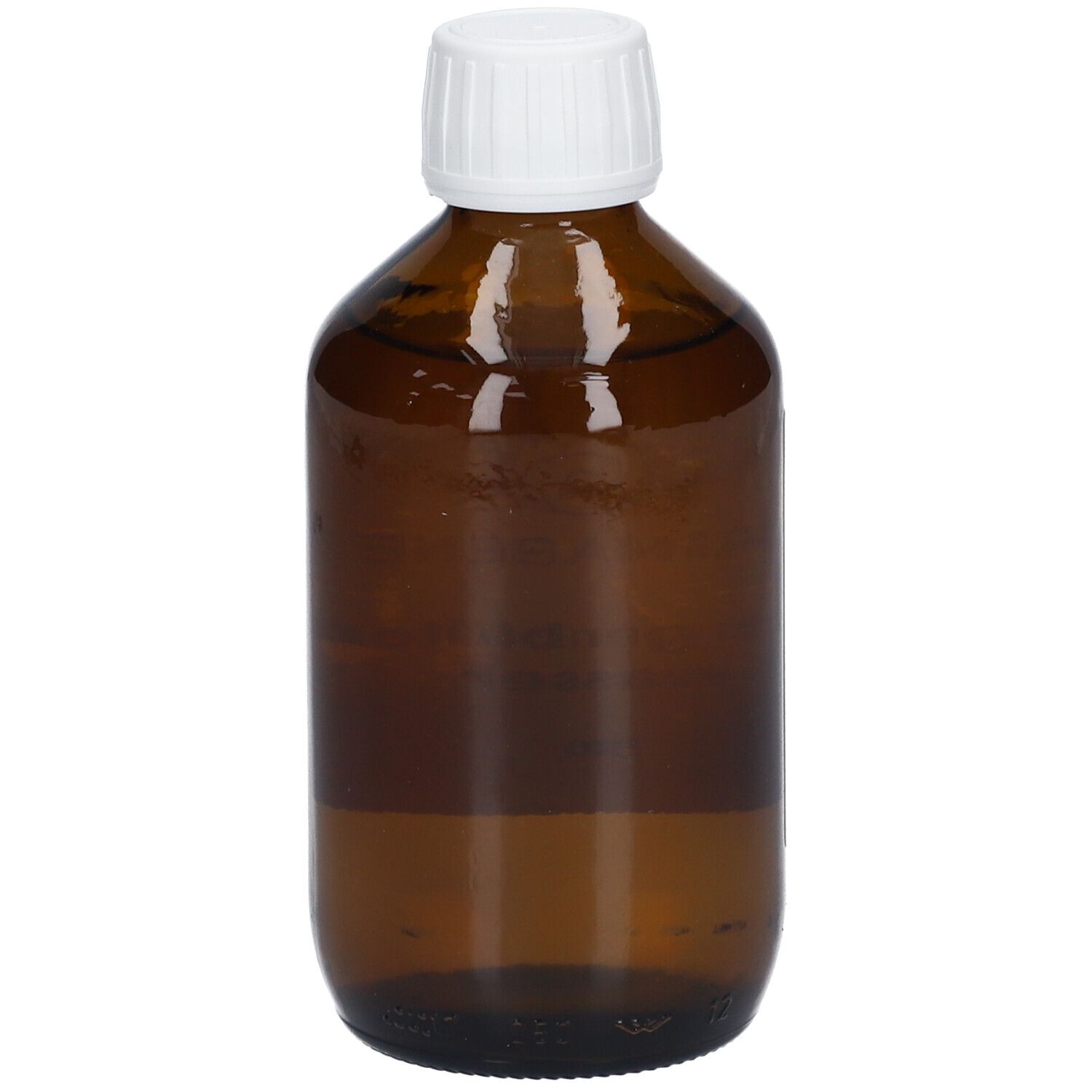 Braune Glasflasche mit weißem Deckel. Flüssigkeit sichtbar. Keine weiteren Details.