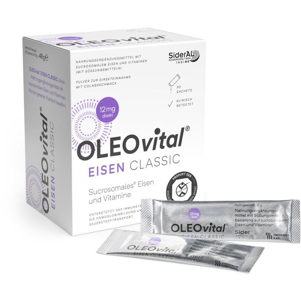 OLEOvital Eisen Classic-Box mit 3 Sachets. Nahrungsergänzungsmittel mit Cola-Geschmack. Mit SiderAL-Logo.