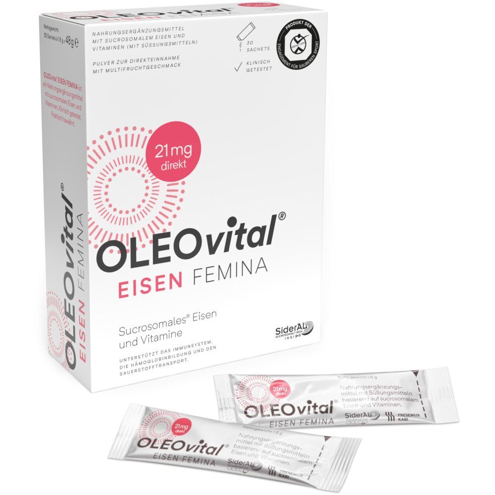 OLEOvital Eisen Femina-Packung und Sachets. Weißer Karton mit Produktnamen, 21mg direkt-Logo. Zwei Sachets daneben.