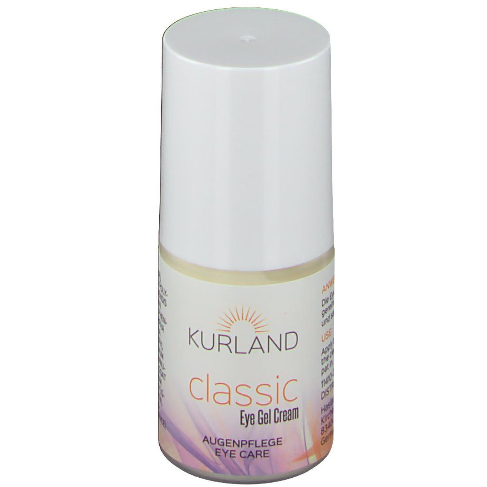 KURLAND classic Eye Gel Cream. Weiße Tube mit gelbem Etikett. Text: Augenpflege, Eye Care. Sonnenlogo.
