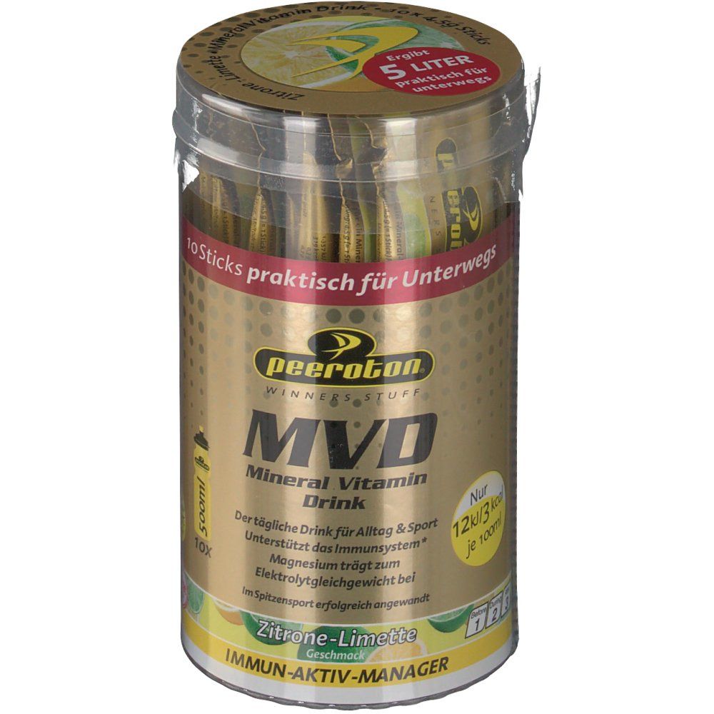 Zylindrische Dose mit peeroton MVD Mineral Vitamin Drink Sticks Zitrone-Limette. Goldfarbenes Design, transparente Kappe. 10 Sticks, 5 Liter.