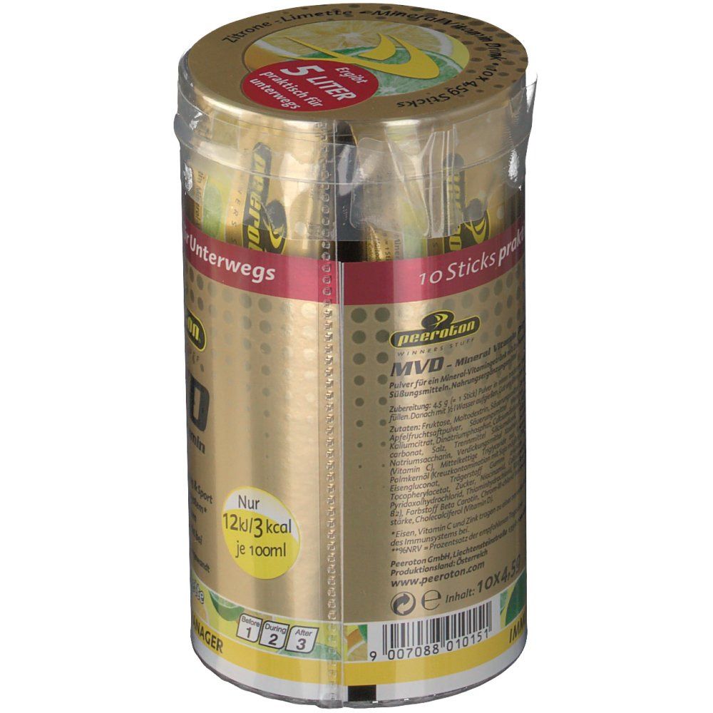 Zylindrische Dose mit peeroton MVD Mineral Vitamin Drink Sticks. Goldfarbenes Design, transparente Folie. 10 Sticks, 5 Liter.