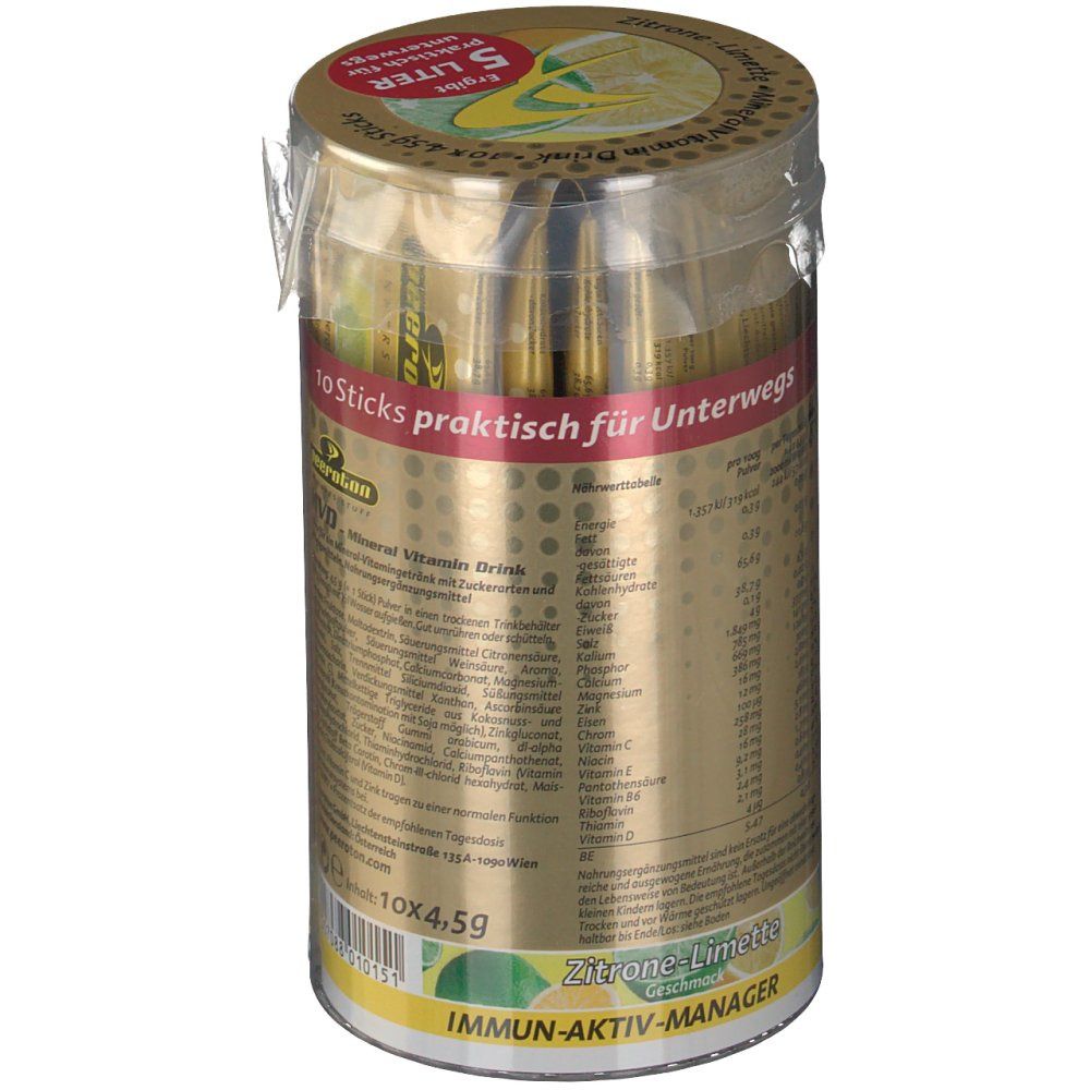Zylindrische Dose mit peeroton MVD Mineral Vitamin Drink Sticks. Goldfarbenes Design, transparente Kappe. 10 Sticks, 5 Liter.