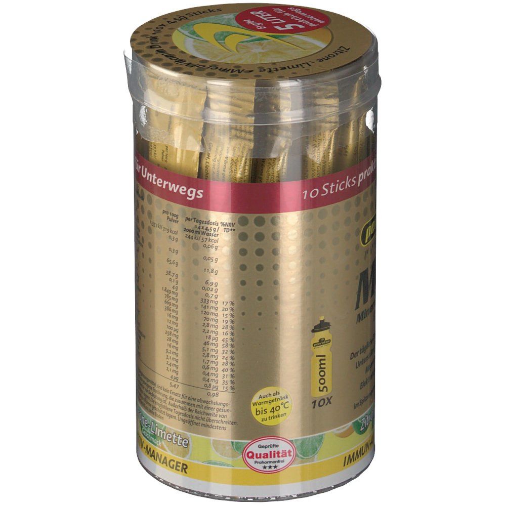 Zylindrische Dose mit peeroton MVD Mineral Vitamin Drink Sticks. Goldfarbenes Design, transparente Kappe. 10 Sticks, 5 Liter.