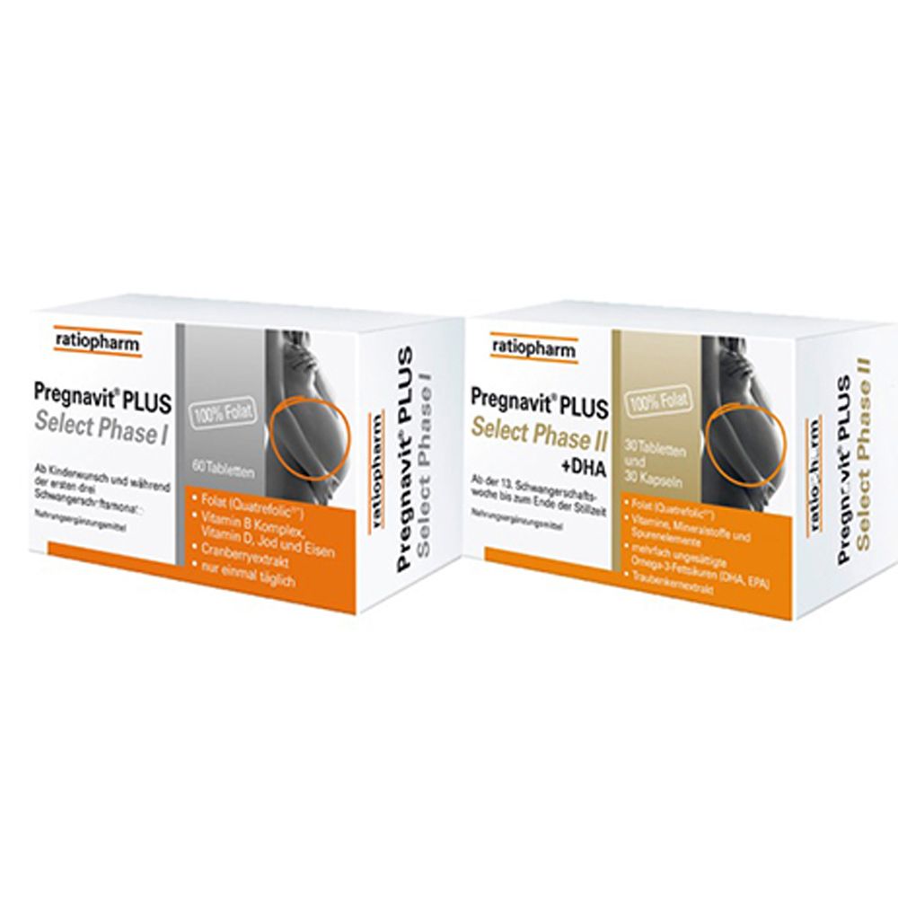 Zwei Schachteln Pregnavit PLUS Select Phase I und II. Beide zeigen eine schwangere Frau und Produktinformationen.