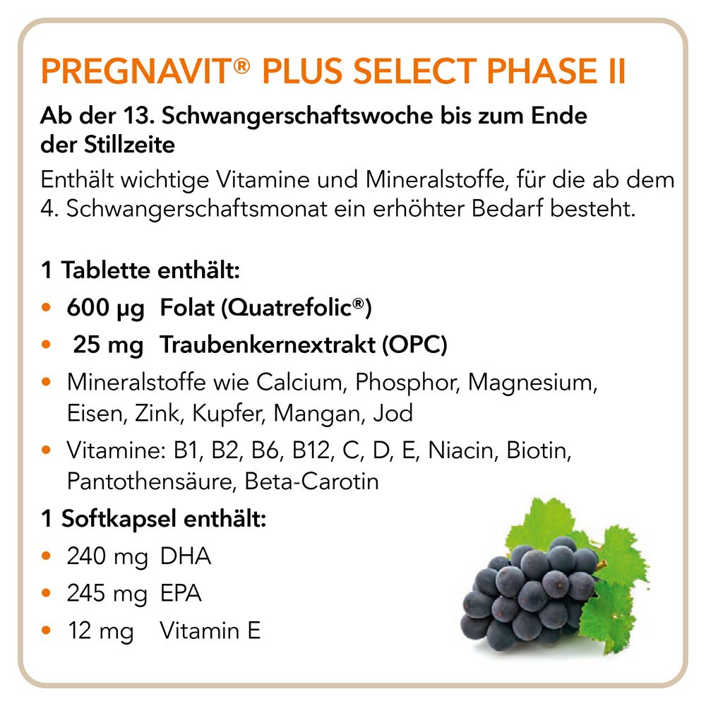 Textinformationen zu Pregnavit PLUS Select Phase II. Enthält Inhaltsstoffe wie Folsäure, DHA, EPA und Vitamin E.
