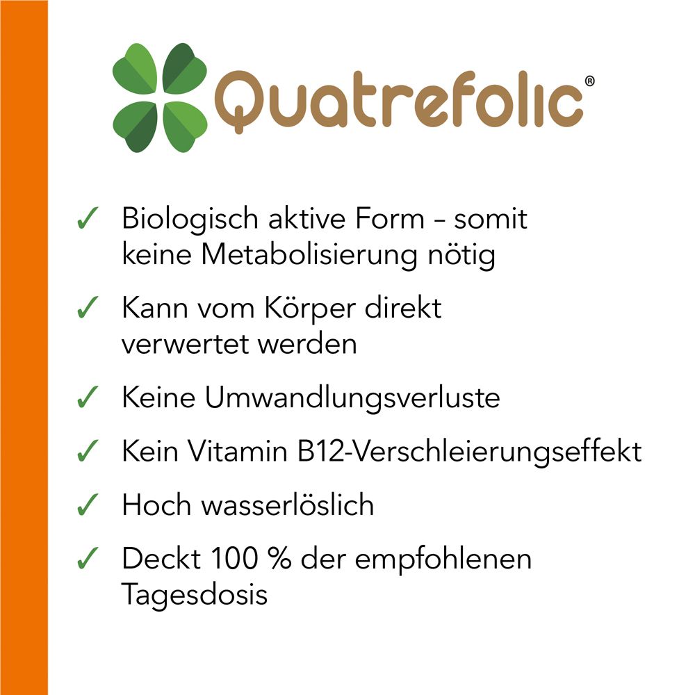 Text über Quatrefolic, eine biologisch aktive Form von Folsäure. Vorteile: schnelle Aufnahme, keine Umwandlung.