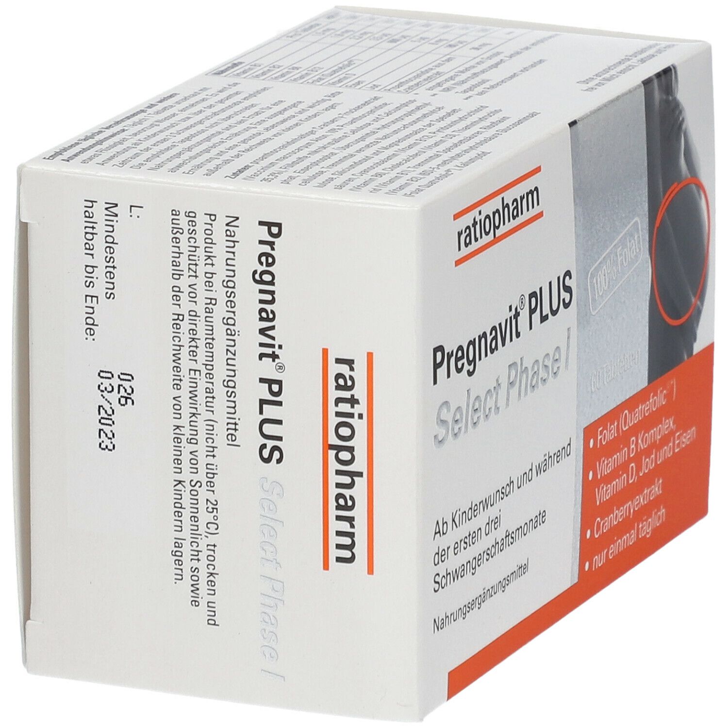 Schachtel Pregnavit® PLUS Select Phase I von ratiopharm. Text: Mindestens haltbar bis Ende 03/2023. Nahrungsergänzungsmittel.