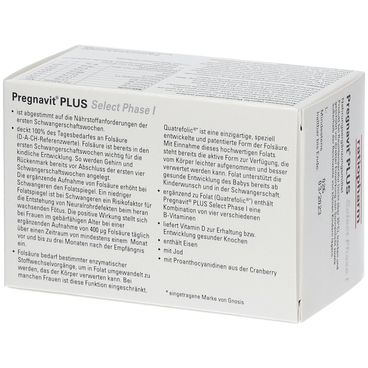Weiße Schachtel Pregnavit® PLUS Select Phase I. Text auf der Rückseite: Nahrungsergänzungsmittel. Enthält Inhaltsstoffe und Informationen.