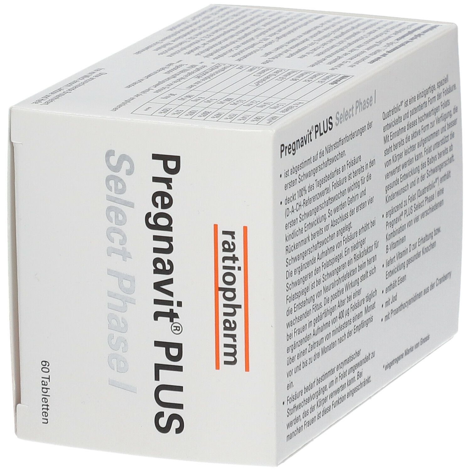 Schachtel Pregnavit® PLUS Select Phase I, 60 Tabletten. Marke: ratiopharm. Text: Nahrungsergänzungsmittel.
