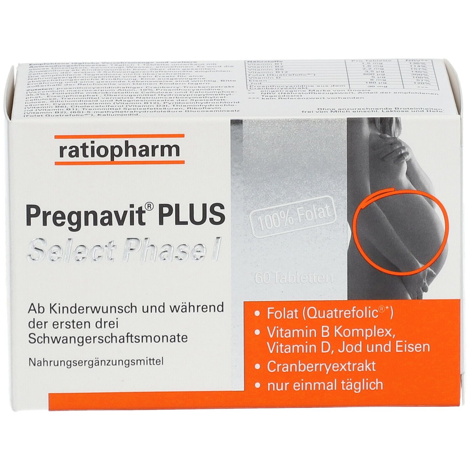 Weiße Schachtel Pregnavit® PLUS Select Phase I. Marke: ratiopharm. Enthält 60 Tabletten. Illustration einer schwangeren Frau.