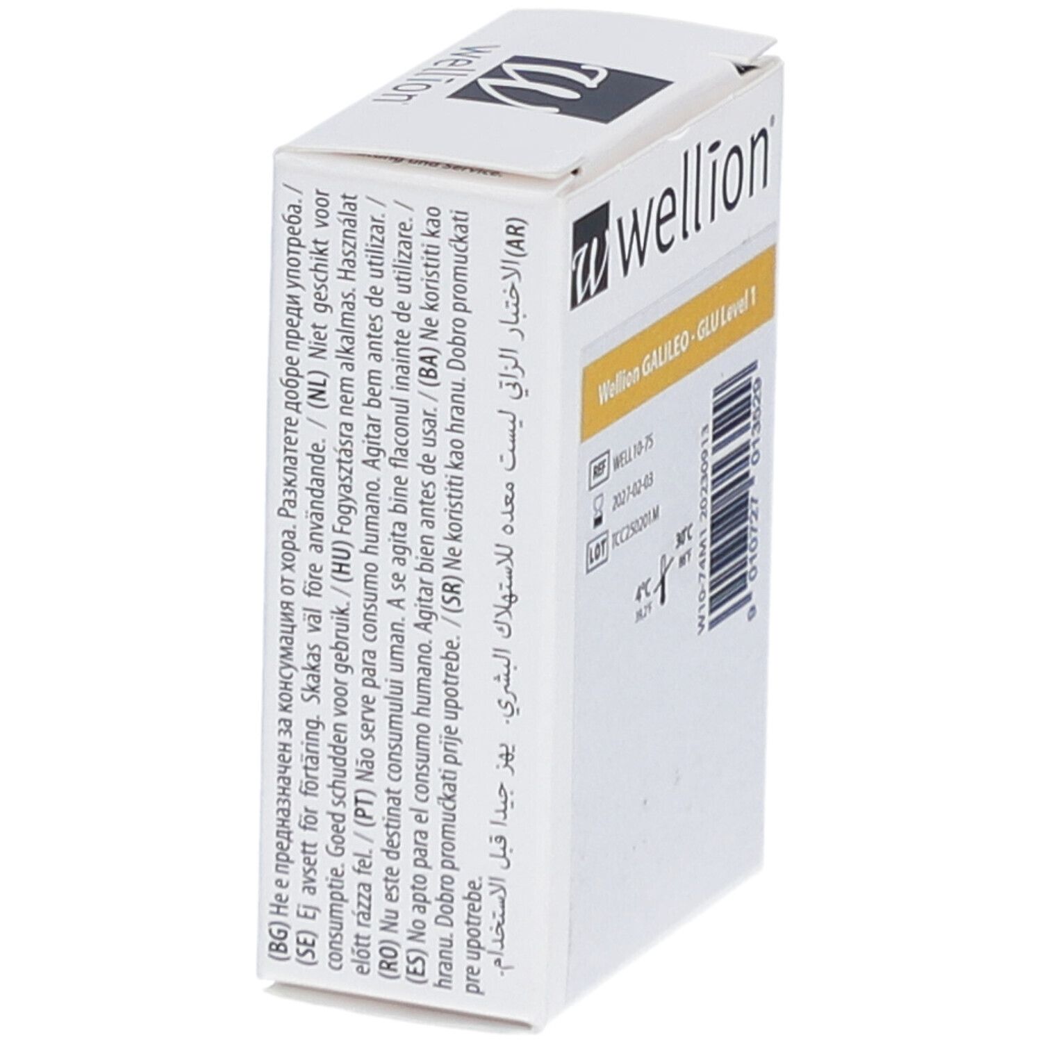 Weiße Verpackung mit Wellion-Logo. Text in mehreren Sprachen. Seitenansicht der Verpackung.
