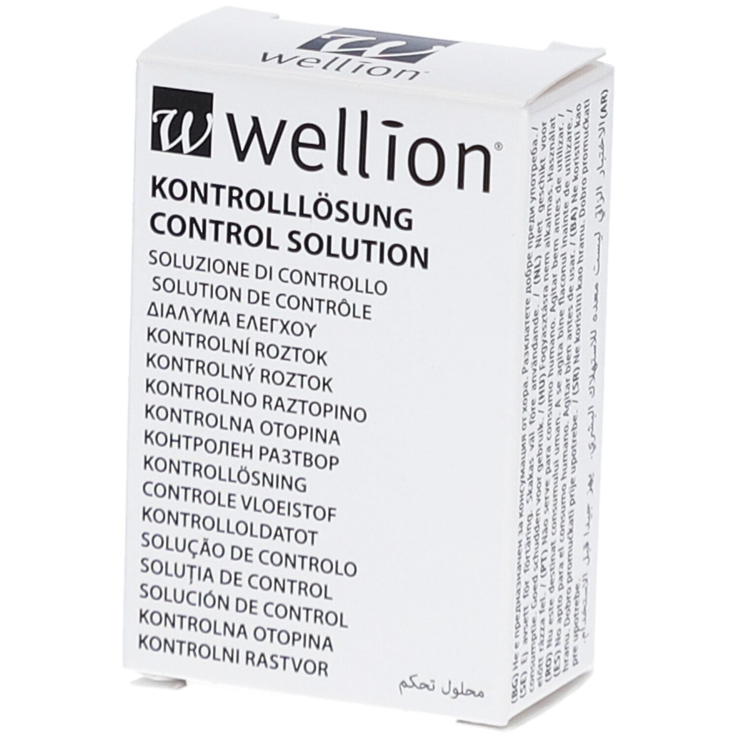 Weiße Verpackung mit Wellion-Logo. Aufdruck: Kontrolllösung in mehreren Sprachen.