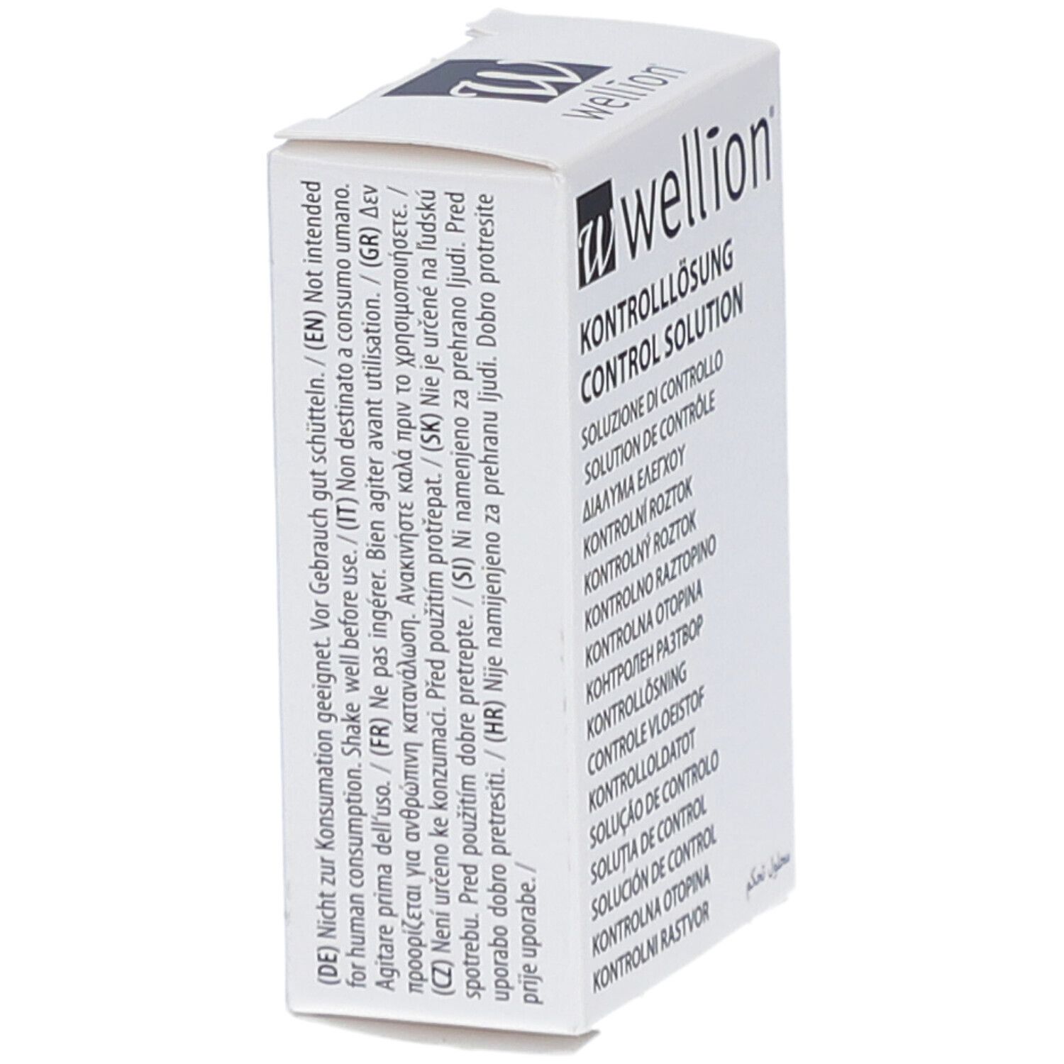 Weiße Verpackung mit Wellion-Logo. Aufdruck: Kontrolllösung in mehreren Sprachen. Seitenansicht.