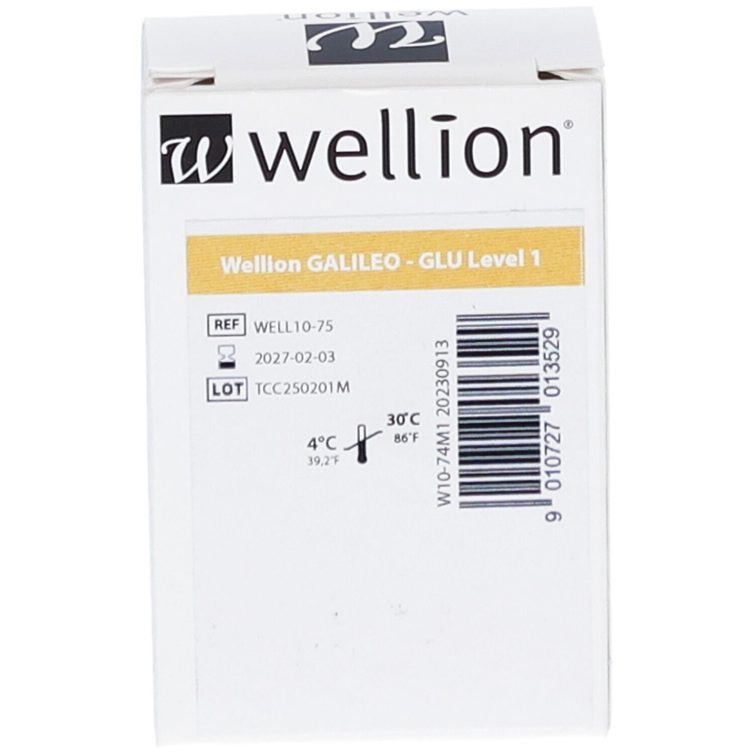 Weiße Verpackung mit Wellion-Logo. Aufdruck: Wellion GALILEO - GLU Level 1. REF, LOT und Temperaturangaben.