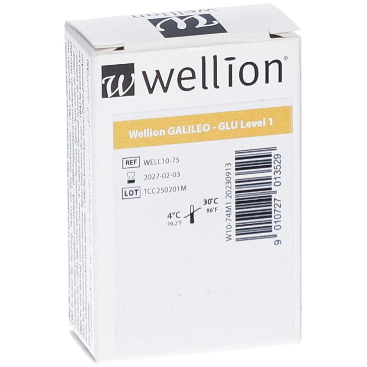 Weiße Verpackung mit Wellion-Logo. Aufdruck: Wellion GALILEO - GLU Level 1. REF, LOT und Temperaturangaben.