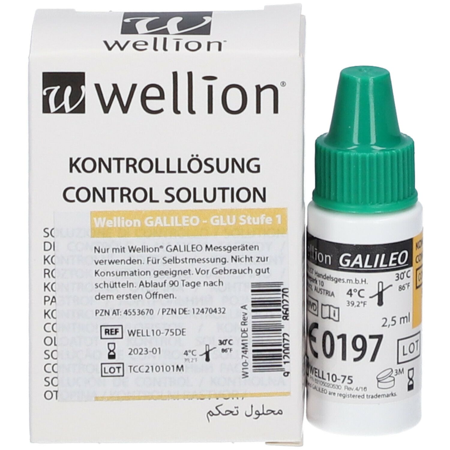 Verpackung und Flasche. Flasche mit grüner Kappe. Aufdruck: Kontrolllösung, Wellion GALILEO, 2,5 ml.