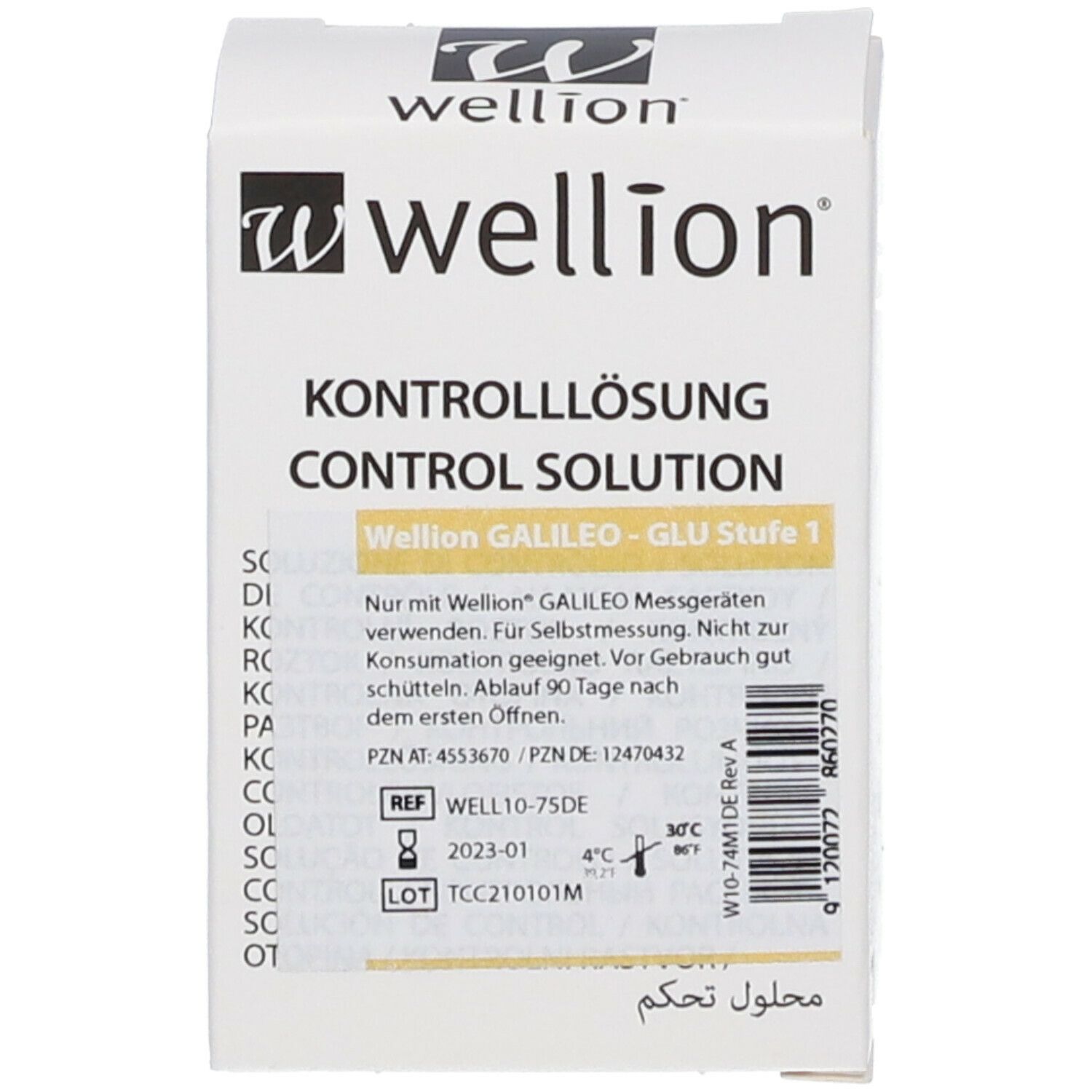Weiße Verpackung mit Wellion-Logo. Aufdruck: Kontrolllösung. Flasche nicht sichtbar.