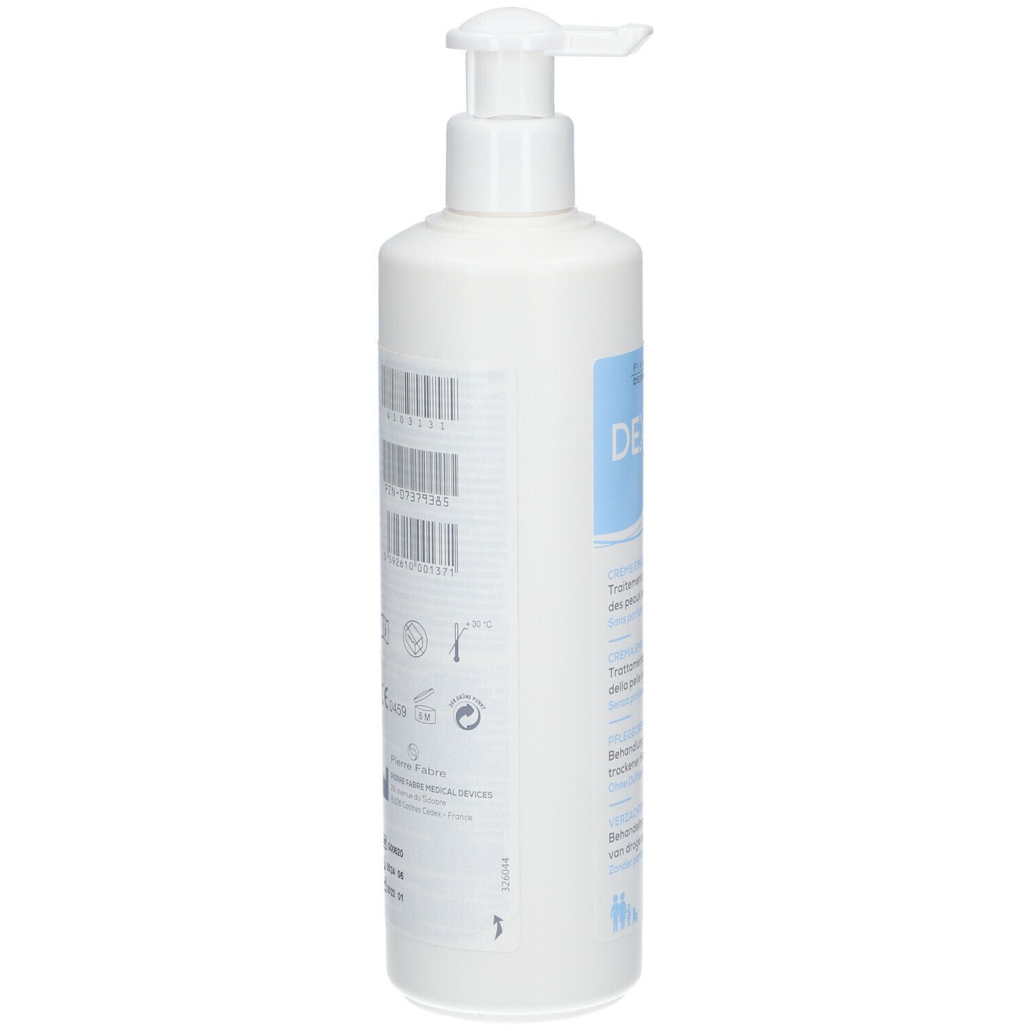 Weiße Flasche mit Pumpverschluss. Rückseite mit Barcode, Symbolen und Produktinformationen.