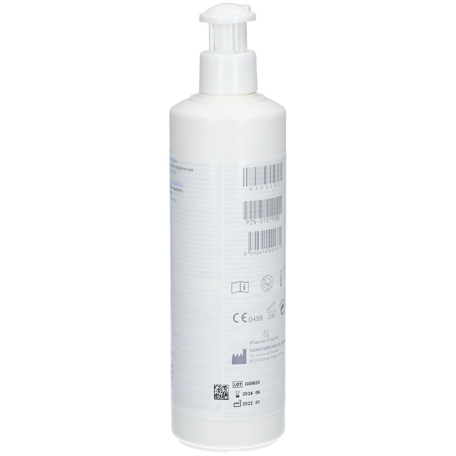 Weiße Flasche mit Pumpverschluss. Rückseite mit Barcode, Symbolen und Chargennummer.