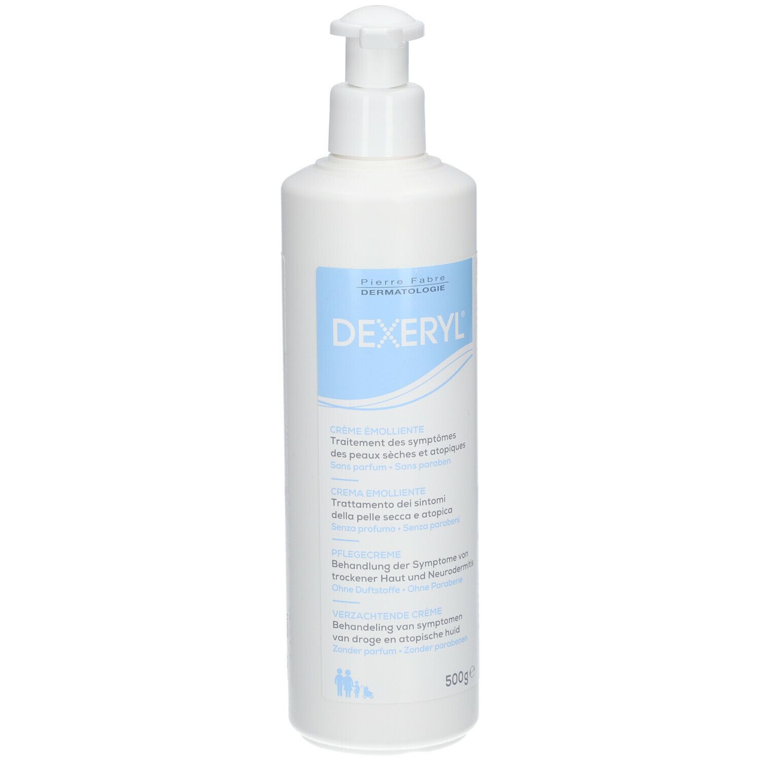 Weiße Flasche mit Pumpverschluss. Aufschrift DEXERYL und Produktinformationen in mehreren Sprachen.