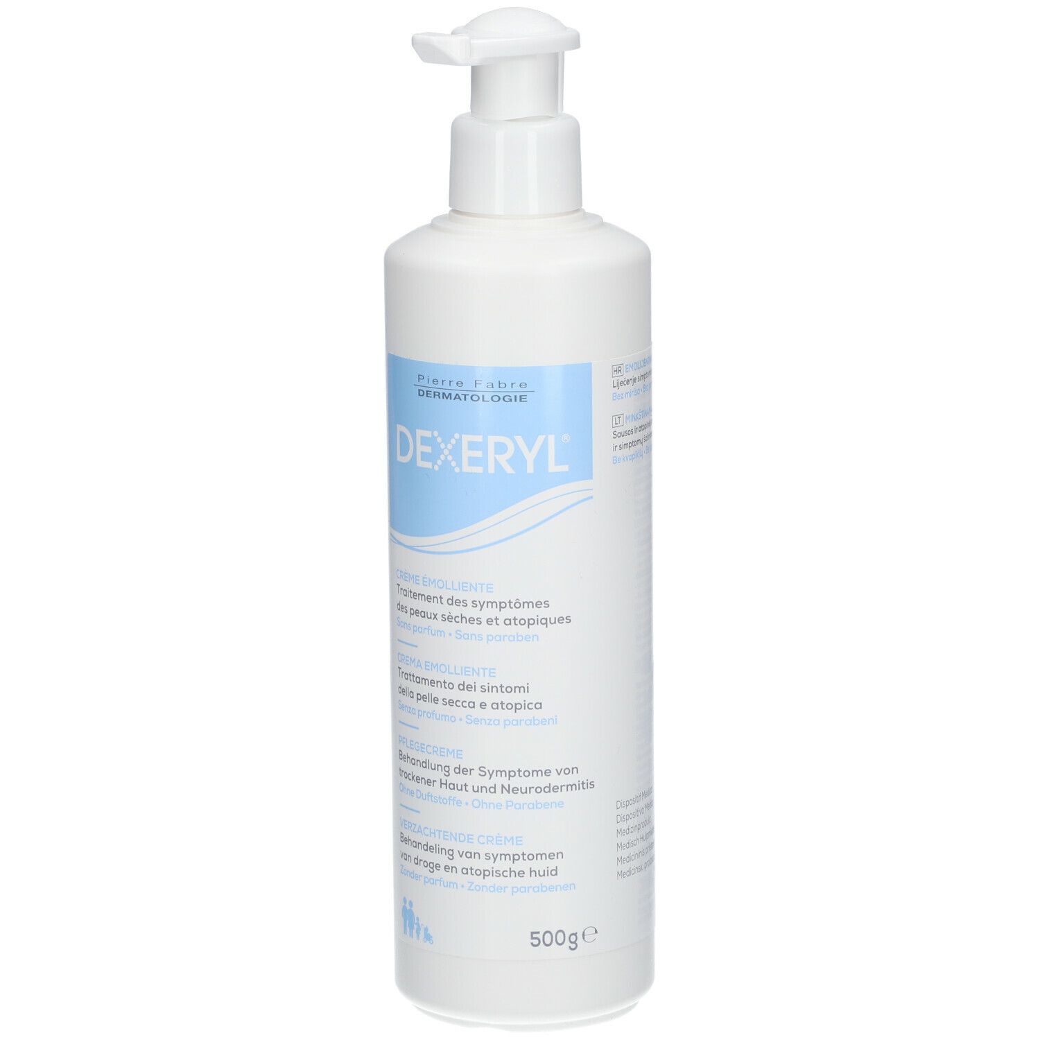 Weiße Flasche mit Pumpverschluss. Aufschrift DEXERYL und Produktinformationen in mehreren Sprachen.