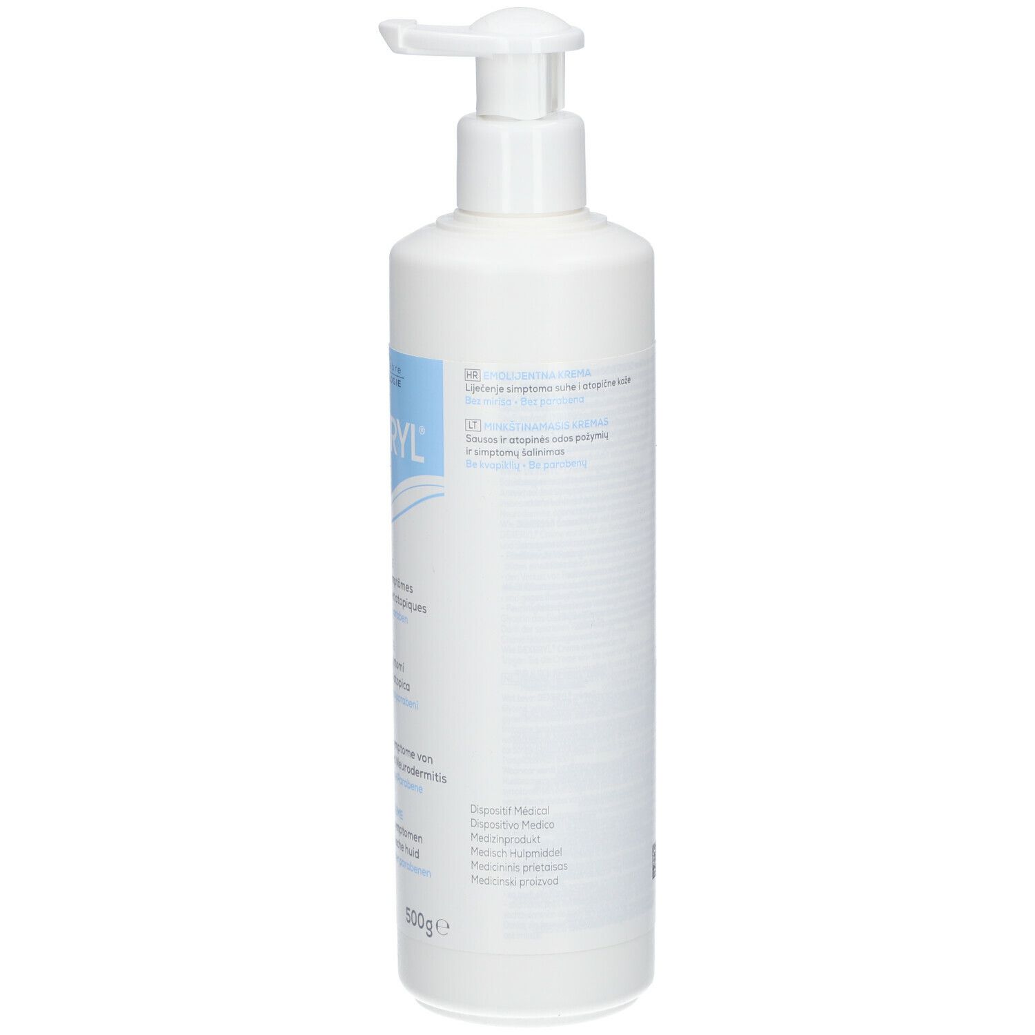 Weiße Flasche mit Pumpverschluss. Rückseite mit Produktinformationen und Chargennummer.