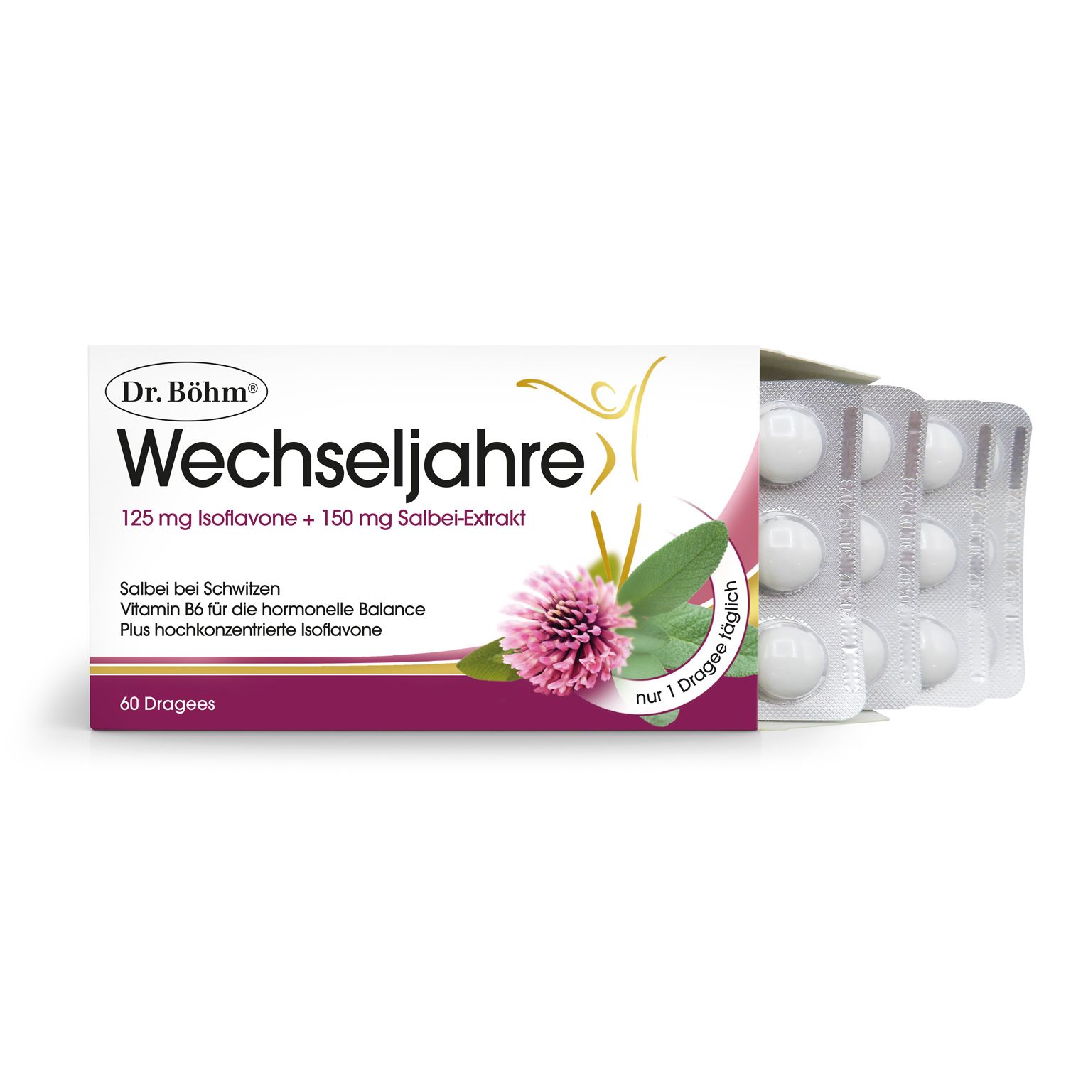 Dr. Böhm® Wechseljahre. Packung mit Tabletten in Blistern. Enthält 125 mg Isoflavone und 150 mg Salbei-Extrakt.
