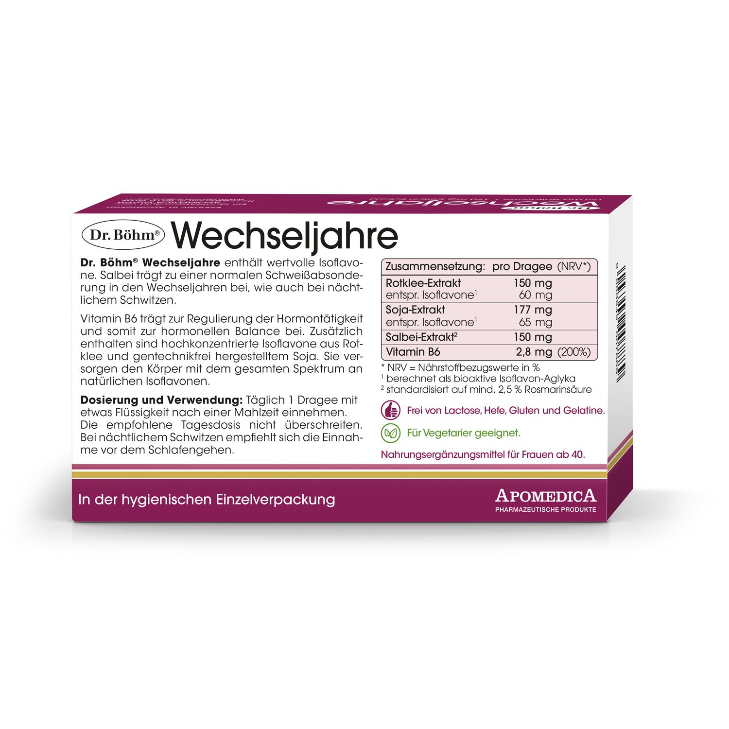 Rückseite der Dr. Böhm® Wechseljahre Verpackung. Enthält Informationen zu Inhaltsstoffen und Dosierung.