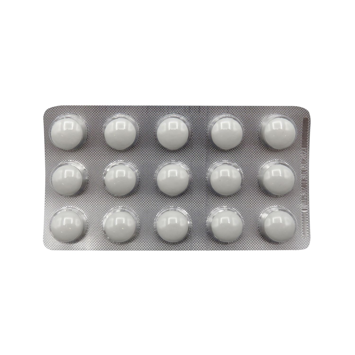 Blisterpackung mit weißen Tabletten. Jede Tablette ist rund und hat eine glatte Oberfläche.