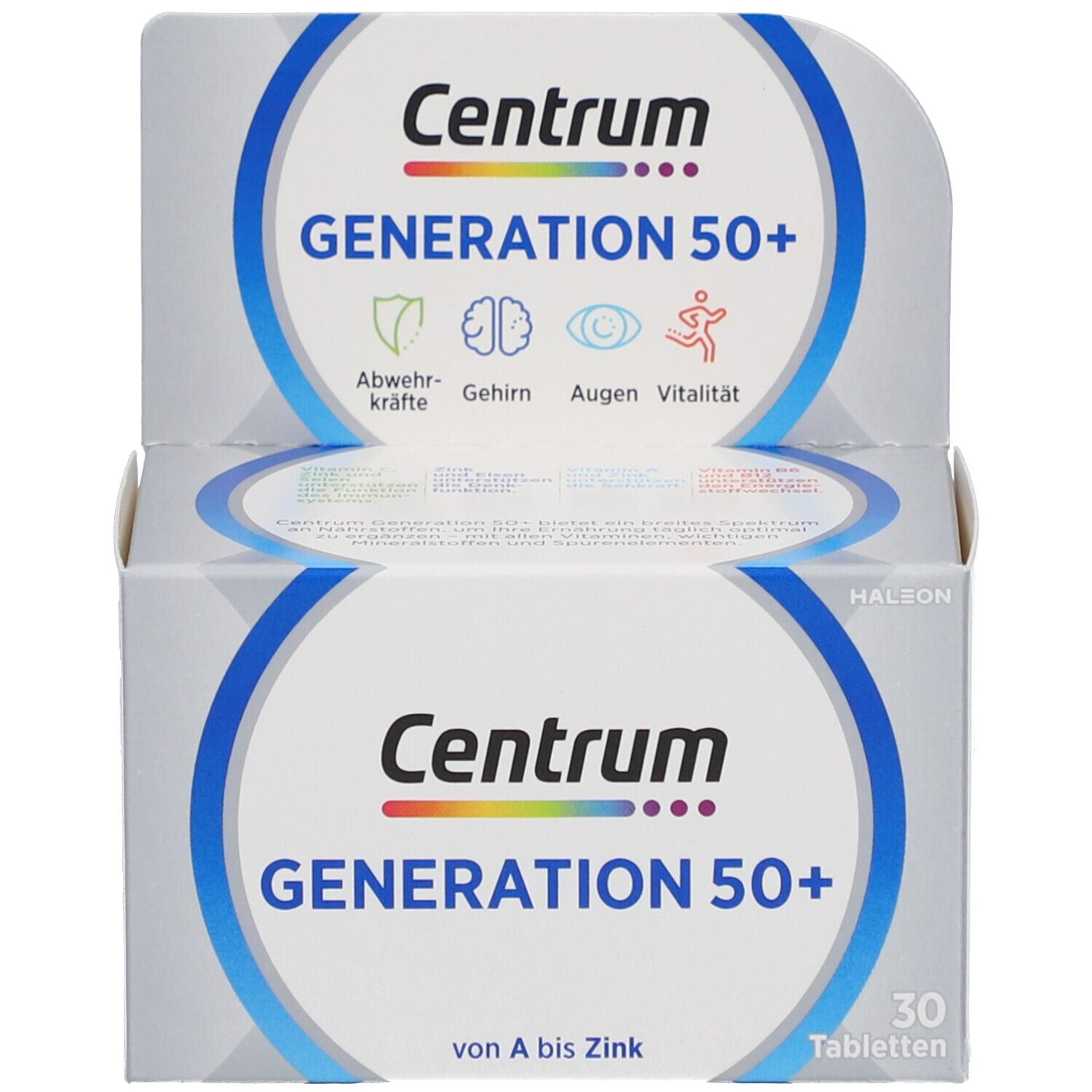 Produktverpackung, Karton. Aufschrift: Centrum GENERATION 50+ und Logos.