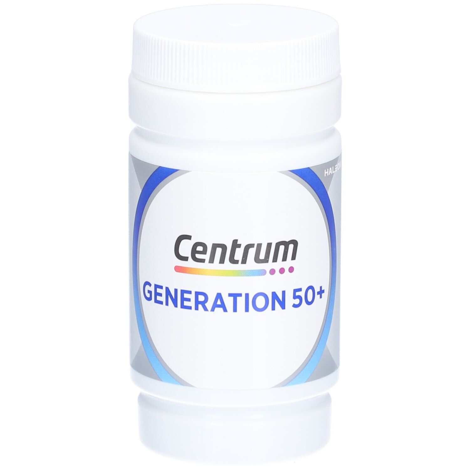 Weiße Flasche mit Schraubverschluss. Aufschrift: Centrum Generation 50+.