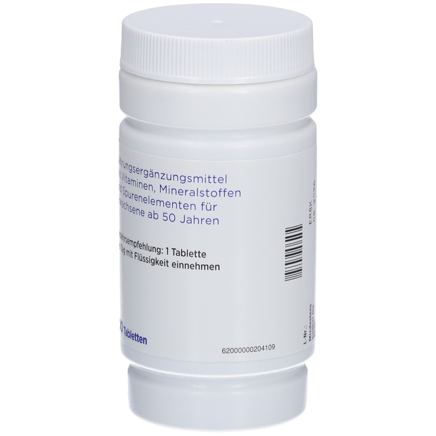 Weiße Flasche mit Schraubverschluss. Text: Nahrungsergänzungsmittel für Erwachsene ab 50.