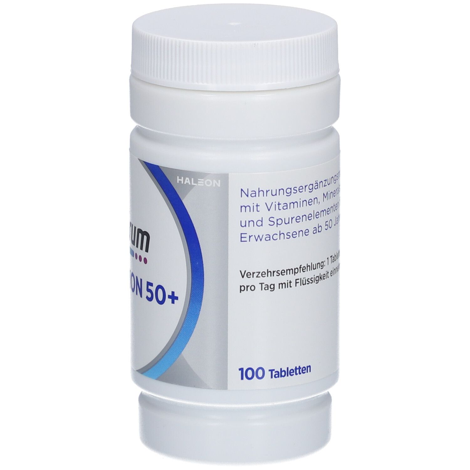 Weiße Flasche mit Schraubverschluss. Aufschrift: Centrum Generation 50+, 100 Tabletten.