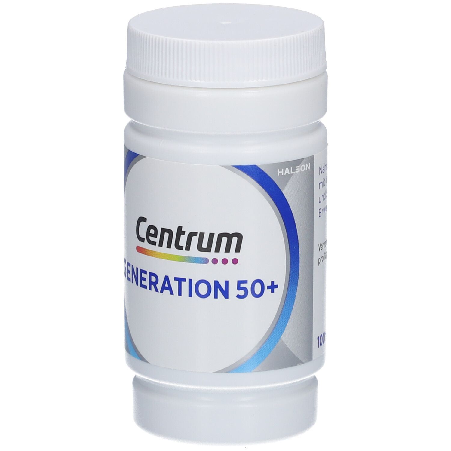 Weiße Flasche mit Schraubverschluss. Aufschrift: Centrum Generation 50+.